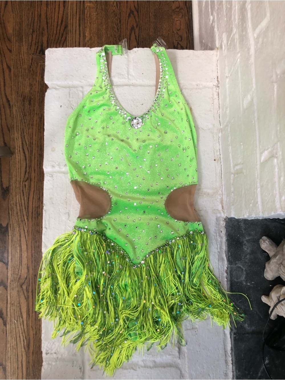 Lime Green Halter top leotard Dance Costume with Rhinestones and arm bands - Picture 13 of 15